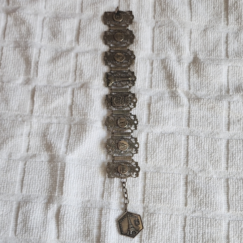 ♥ Silver Charm Links Bracelet,filigree,Paris,,french,Eifell Tower VTG.